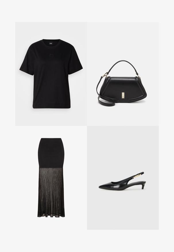 Black cotton t-shirt with a crew neckline, short sleeves, and an embroidered logo on the chest. Simple, relaxed fit with no patterns.; Black skirt with a fitted top and a pleated, sheer lower section. Smooth texture above transitions to a flowing, textured appearance below.; Black leather slingback heels with a pointed toe, featuring a slim heel and a gold-tone accent on the adjustable strap. Smooth texture.; Black leather handbag with a structured design, featuring a cropped shape, top handle, and gold hardware accent. Adjustable shoulder strap included.