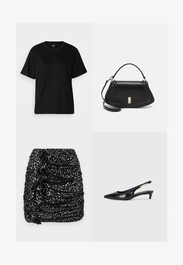 Fekete pamut póló kerek nyakkivágással, rövid ujjakkal és hímzett logóval a mellkasán. Egyszerű, laza szabás, minta nélkül.; Fekete ráncolt mini szoknya ezüst flitter díszítéssel, textúrált felülettel és aszimmetrikus kialakítással a fokozott vizuális érdekesség érdekében.; Fekete bőr slingback magassarkúk, hegyes orral, vékony sarkakkal és arany színű részlettel a állítható pánton. Simа felület.; Fekete bőr kézitáska, strukturált dizájnnal, rövidített formával, felső fogantyúval és arany színű kiegészítőkkel. Állítható vállpánt is tartozik hozzá.