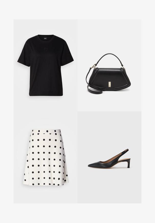 Musta puuvillapaita, jossa on pyöreä kaula-aukko, lyhyet hihat ja brodeerattu logo rinnassa. Yksinkertainen, rento istuvuus ilman kuvioita.; Marc Cain A-linjainen hame - white/black; Mustat nahkaiset slingback-korkokengät, joissa on terävä kärki, matala korko ja sileä pinta. Varustettu ohuella säädettävällä hihnalla turvallisen istuvuuden takaamiseksi.; Mustalla nahkalaukulla, jossa on jämäkkä muotoilu, lyhyt malli, yläkahva ja kultaiset yksityiskohdat. Säädettävä olkahihna sisältyy.