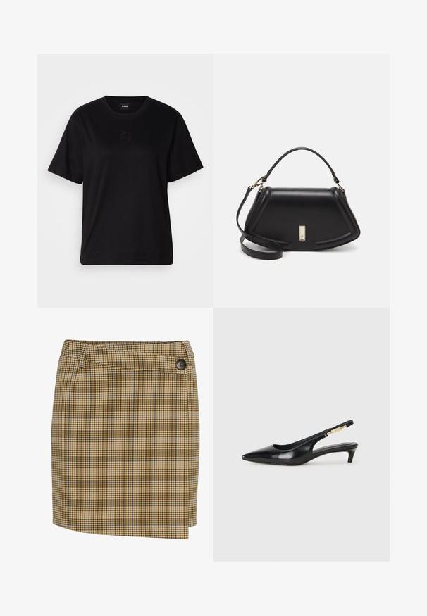 Black cotton t-shirt with a crew neckline, short sleeves, and an embroidered logo on the chest. Simple, relaxed fit with no patterns.; Brown and yellow plaid skirt with blue accents. Features a straight cut, side button closure, and smooth textured fabric.; Black leather slingback heels with a pointed toe, featuring a slim heel and a gold-tone accent on the adjustable strap. Smooth texture.; Black leather handbag with a structured design, featuring a cropped shape, top handle, and gold hardware accent. Adjustable shoulder strap included.