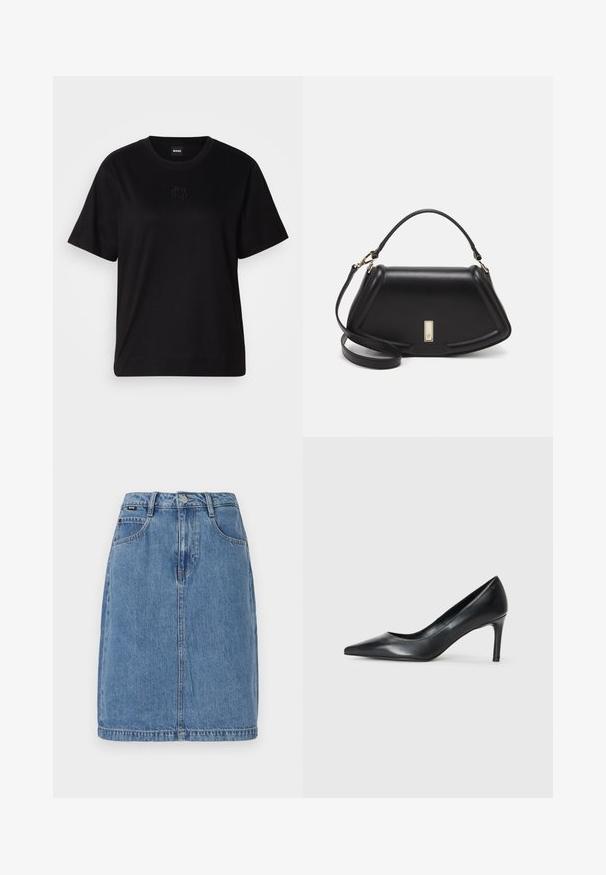 Camiseta de algodón negra con cuello redondo, mangas cortas y un logo bordado en el pecho. Ajuste simple y relajado sin patrones.; Falda de denim en azul claro con corte recto, que cuenta con cinco bolsillos, trabillas para cinturón y un cierre frontal con botón, con detalles de costura visibles.; Zapato de tacón negro de cuero con punta afilada y un tacón delgado, textura suave y sin adornos visibles. Diseño limpio con una estética minimalista.; Bolso de mano de cuero negro con un diseño estructurado, que presenta una forma recortada, asa superior y acentos en dorado. Correa de hombro ajustable incluida.