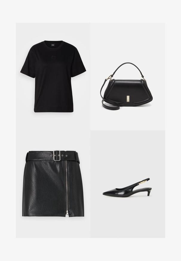 Svart bomull T-skjorte med rund hals, korte ermer og et brodert logo på brystet. Enkel, avslappet passform uten mønstre.; Svart faux skinn mini skjørt med bred belte, sølvspenne og glidelås på siden. Har en teksturert overflate og rett snittdesign.; Sorte lærreim hæler med spiss tå, som har en slank hæl og en gullfarget detalj på den justerbare stroppen. Glatt tekstur.; Sort lærveske med en strukturert design, som har en avkortet form, topphåndtak og detaljer i gull. Justerbar skulderstropp inkludert.