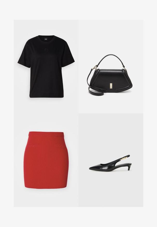 T-shirt en coton noir avec un col rond, des manches courtes et un logo brodé sur la poitrine. Coupe simple et décontractée sans motifs.; Jupe en tricot côtelé rouge au design ajusté, dotée de deux petites poches boutonnées à l'avant et d'une taille lisse.; Talons hauts en cuir noir avec un bout pointu, dotés d'un talon fin et d'un accent en ton or sur la lanière réglable. Texture lisse.; Sac à main en cuir noir avec un design structuré, featuring une forme cropped, une poignée supérieure et des accents en matériel doré. Bandoulière réglable incluse.