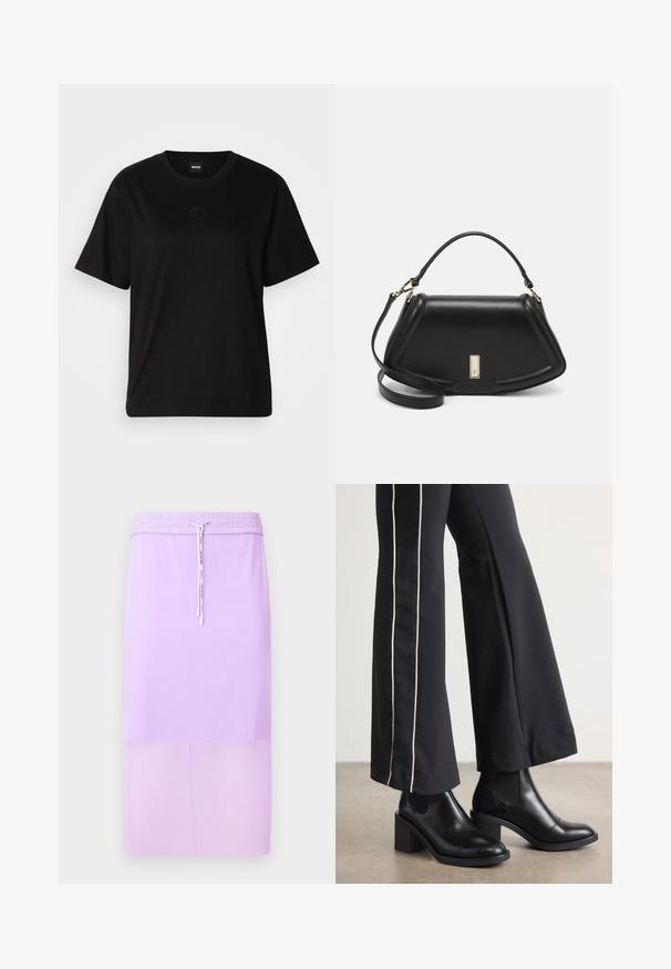 Maglietta in cotone nera con scollatura tonda, maniche corte e logo ricamato sul petto. Design semplice e vestibilità rilassata senza motivi.; Gonna midi a costine di colore lavanda con vita elasticizzata e cordoncino regolabile. Texture liscia, silhouette dritta e colore solido.; Stivaletti in pelle nera con tacco a blocco, dotati di pannelli elastici sui lati. Abbinati a pantaloni neri con una striscia bianca laterale.; Borsa a mano in pelle nera con un design strutturato, caratterizzata da una forma corta, manico superiore e accessori in metallo dorato. Inclusa tracolla regolabile.