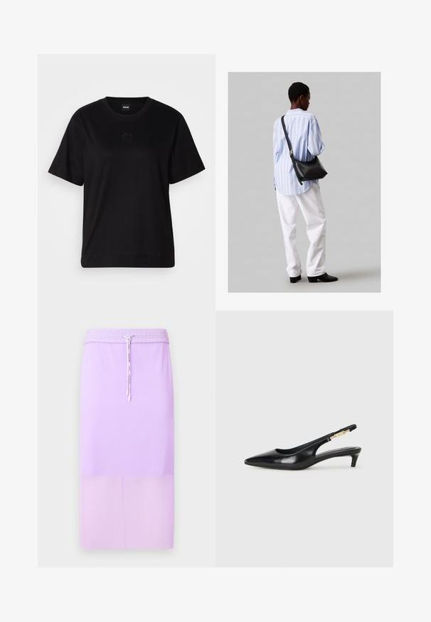 Čierne bavlnené tričko s okrúhlym výstrihom, krátkymi rukávmi a vyšívaným logom na hrudi. Jednoduchý, voľný strih bez vzorov.; Levanduľová rebrovaná midi sukňa s elastickým pásom a nastaviteľným šnúrkou. Hladká textúra, priamy strih a jednofarebný dizajn.; Čierne kožené slingback opätky s špicatou špičkou, s úzkym opätkom a zlatým detailom na nastaviteľnom remienku. Hladká textúra.; Čierna kožená ramenná taška so mäkkou textúrou, trojuholníkovým tvarom a nastaviteľným popruhom, skombinovaná s svetlomodrou pruhovanou košeľou a bielymi nohavicami.