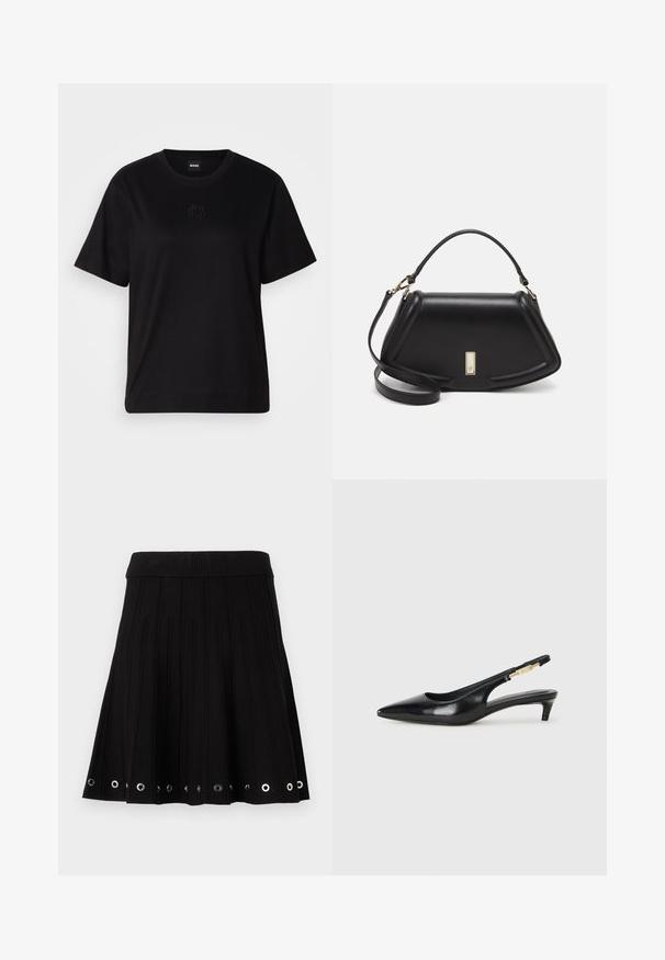 Fekete pamut póló kerek nyakkivágással, rövid ujjakkal és hímzett logóval a mellkasán. Egyszerű, laza szabás, minta nélkül.; Fekete plissé szoknya bordázott derékkal, fém szemekkel az alján és texturált anyaggal, ami plusz részletességet ad.; Fekete bőr slingback magassarkúk, hegyes orral, vékony sarkakkal és arany színű részlettel a állítható pánton. Simа felület.; Fekete bőr kézitáska, strukturált dizájnnal, rövidített formával, felső fogantyúval és arany színű kiegészítőkkel. Állítható vállpánt is tartozik hozzá.