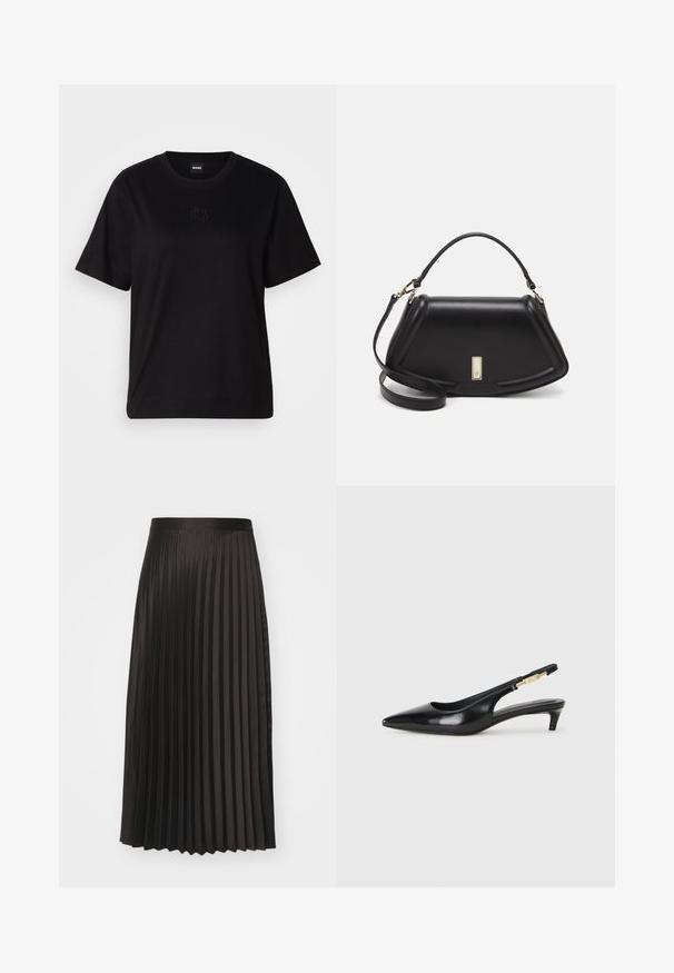Μαύρο βαμβακερό μπλουζάκι με στρογγυλή λαιμόκοψη, κοντά μανίκια και κεντημένο λογότυπο στο στήθος. Απλή, χαλαρή γραμμή χωρίς σχέδια.; BOSS VLISSA - Φούστα σε γραμμή Α - black; Μαύρες δερμάτινες γόβες slingback με μυτερή μύτη, διαθέτοντας λεπτό τακούνι και χρυσή λεπτομέρεια στην ρυθμιζόμενη λωρίδα. Λείος υφές.; Μαύρη δερμάτινη τσάντα με δομημένο σχέδιο, που διαθέτει κομμένο σχήμα, επάνω λαβή και χρυσά μεταλλικά στοιχεία. Περιλαμβάνει ρυθμιζόμενο λουρί ώμου.