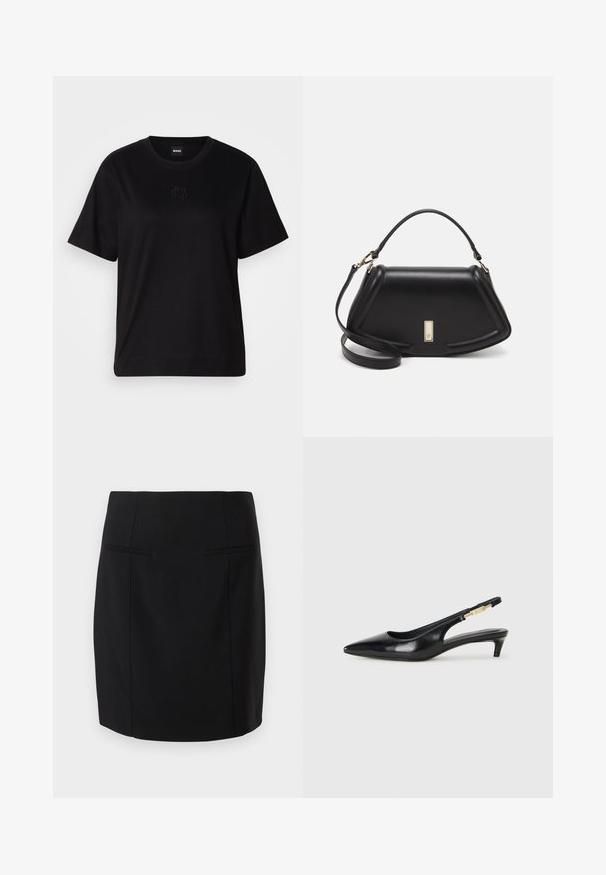 T-shirt negru din bumbac, cu guler rotund, mâneci scurte și un logo brodat pe piept. Design simplu, cu o croială relaxată și fără modele.; Fustă creion neagră realizată dintr-un material neted, cu un design ajustat, două buzunare frontale și un tiv până la genunchi.; Sandale slingback din piele neagră cu vârf ascuțit, având un toc subțire și un accent de culoare aurie pe curea ajustabilă. Textură netedă.; Geantă de umăr din piele neagră, cu un design structurat, având o formă tăiată, mânere superioare și accente din aur. Include o curea de umăr ajustabilă.
