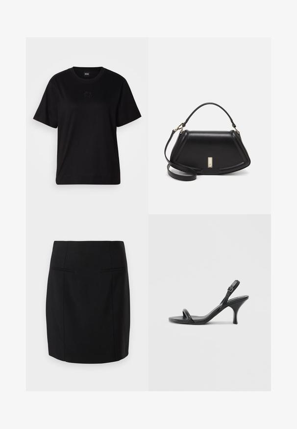 Schwarzes Baumwoll-T-Shirt mit Rundhalsausschnitt, kurzen Ärmeln und aufgesticktem Logo auf der Brust. Einfacher, lässiger Schnitt ohne Muster.; Schwarzer Bleistiftrock aus glattem Stoff, mit figurbetontem Schnitt, zwei vorderen Taschen und knielangem Saum.; Schwarze Leder-Sandalen mit hohen Absätzen, schlankem, gebogenem Absatz und gekreuztem Riemendesign. Verstellbarer Knöchelriemen. Glatte Textur.; Schwarze Lederhandtasche mit einem strukturierten Design, das eine verkürzte Form, einen oberen Griff und goldfarbene Hardware-Details aufweist. Verstellbarer Schulterriemen ist enthalten.