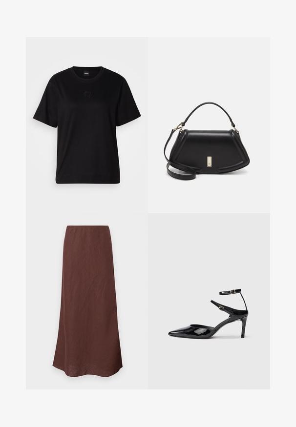 Schwarzes Baumwoll-T-Shirt mit Rundhalsausschnitt, kurzen Ärmeln und aufgesticktem Logo auf der Brust. Einfacher, lässiger Schnitt ohne Muster.; Brauner, langer Rock aus leichtem Stoff. Hat ein einfaches Design mit geradem Schnitt und glatter Textur. Der Saum ist leicht gewellt.; Schwarze Lacklederabsätze mit spitzer Zehenpartie, verstellbaren Knöchelriemen und einem schlanken Absatz. Glatte Textur mit glänzender Oberfläche.; Schwarze Lederhandtasche mit einem strukturierten Design, das eine verkürzte Form, einen oberen Griff und goldfarbene Hardware-Details aufweist. Verstellbarer Schulterriemen ist enthalten.