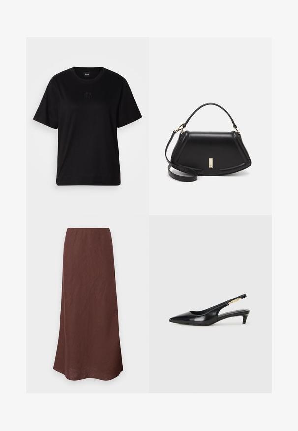Black cotton t-shirt with a crew neckline, short sleeves, and an embroidered logo on the chest. Simple, relaxed fit with no patterns.; Brown, long skirt made of lightweight fabric. Features a simple design with a straight cut and a smooth texture. Hem is slightly curved.; Black leather slingback heels with a pointed toe, featuring a slim heel and a gold-tone accent on the adjustable strap. Smooth texture.; Black leather handbag with a structured design, featuring a cropped shape, top handle, and gold hardware accent. Adjustable shoulder strap included.