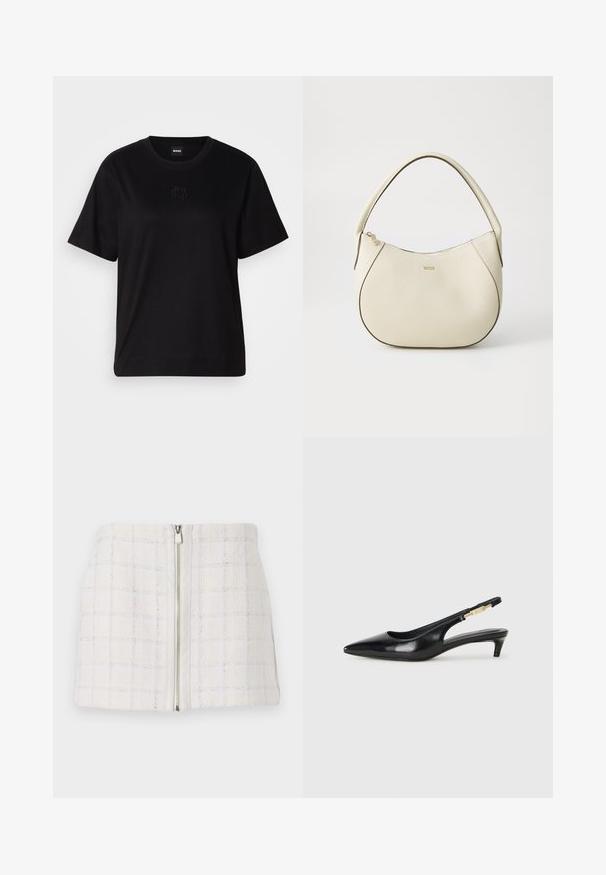 Zwarte katoenen t-shirt met een ronde hals, korte mouwen en een geborduurd logo op de borst. Eenvoudige, comfortabele pasvorm zonder patronen.; Witte gestructureerde minirok met een geruit patroon en blauwe accenten, voorzien van een ritssluiting aan de voorkant. De stof lijkt zacht en heeft een licht gestructureerde uitstraling.; Zwarte leren slingback hakken met een spitse neus, voorzien van een slanke hak en een goudkleurige accent op de verstelbare band. Gladde textuur.; Crème-kleurige handtas met een gestructureerde afwerking, gebogen vorm, korte handgreep en een goudkleurige logo-applicatie. Ritsafsluiting aan de bovenkant.