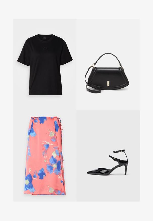 Črna bombažna majica s krožnim izrezom, kratkimi rokavi in izvezenim logotipom na prsih. Preprosta, sproščena silhueta brez vzorcev.; Cvečni midi krilo v koralni barvi z modrimi in zelenimi vzorci. Narejeno iz lahkotnega blaga, ima detajl s trakom in stranske razpoke.; Črne lakirane čevlje z visoko peto in ožjim prstom, z nastavljivimi gležnjastimi trakovi in tankim peto. Gladka tekstura z sijočim zaključkom.; Črna usnjena torbica s strukturnim dizajnom, ki ima skrajšano obliko, zgornji ročaj in zlate dodatke. Vključena je nastavljiva ramenska naramnica.