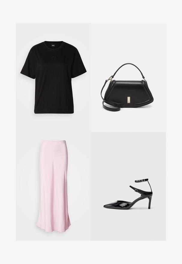 Svart bomullströja med rund halsringning, korta ärmar och en broderad logotyp på bröstet. Enkel, avslappnad passform utan mönster.; Ljusrosa satsinmaxikjol med en jämn textur, en åtsittande midja och en lätt utvidgning vid fållen, som har en liten dekorativ knappdetalj.; Svarta lackskinnshälar med spetsig tå, justerbara ankelremmar och en smal klack. Slät textur med en glänsande yta.; Svart läderhandväska med en strukturerad design, som har en avskuren form, ett handtag upptill och guldiga detaljer. Justerbar axelrem ingår.