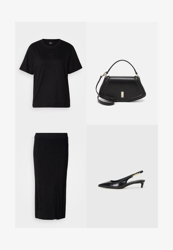 Svart bomullströja med rund halsringning, korta ärmar och en broderad logotyp på bröstet. Enkel, avslappnad passform utan mönster.; Svart stickad midikjol med ribbad textur och diamantmönster samt en sidoklyvning. Mjuk tyg med en åtsittande midja.; Svart läder slingback-hälar med spetsig tå, med en smal klack och en guldtonad detalj på den justerbara remmen. Slät textur.; Svart läderhandväska med en strukturerad design, som har en avskuren form, ett handtag upptill och guldiga detaljer. Justerbar axelrem ingår.