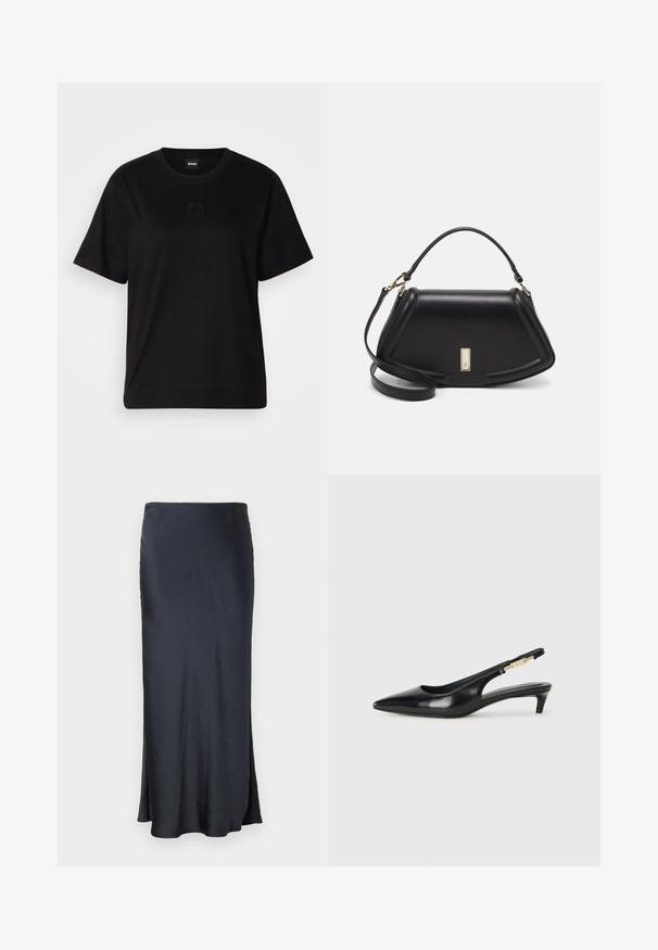 Black cotton t-shirt with a crew neckline, short sleeves, and an embroidered logo on the chest. Simple, relaxed fit with no patterns.; Long, dark gray satin skirt with a smooth texture, featuring a straight cut and a slightly flared hem for subtle shape variation.; Black leather slingback heels with a pointed toe, featuring a slim heel and a gold-tone accent on the adjustable strap. Smooth texture.; Black leather handbag with a structured design, featuring a cropped shape, top handle, and gold hardware accent. Adjustable shoulder strap included.