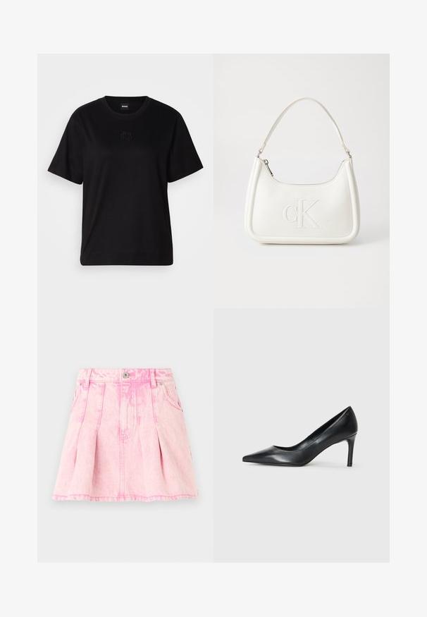 Crna pamučna majica s okruglim izrezom, kratkim rukavima i izvezenim logotipom na prsima. Jednostavan, opušten kroj bez uzorka.; Ružičasta traper suknja s nabranim detaljima, kopčanjem na dugme i patentni zatvarač, pet džepova i ukrasnim šavovima. Oštećeni izgled u svijetloj nijansi.; Crne kožne cipele s šiljatim vrhom i tankim potplatom, glatke teksture, bez vidljivih ukrasa. Čist dizajn s minimalističkom estetikom.; Bijela kožna torba s zakrivljenim oblikom, koja na prednjoj strani ima utisnut logotip "CK" i jedan remen za nošenje preko ramena. Zatvaranje na munju na vrhu.