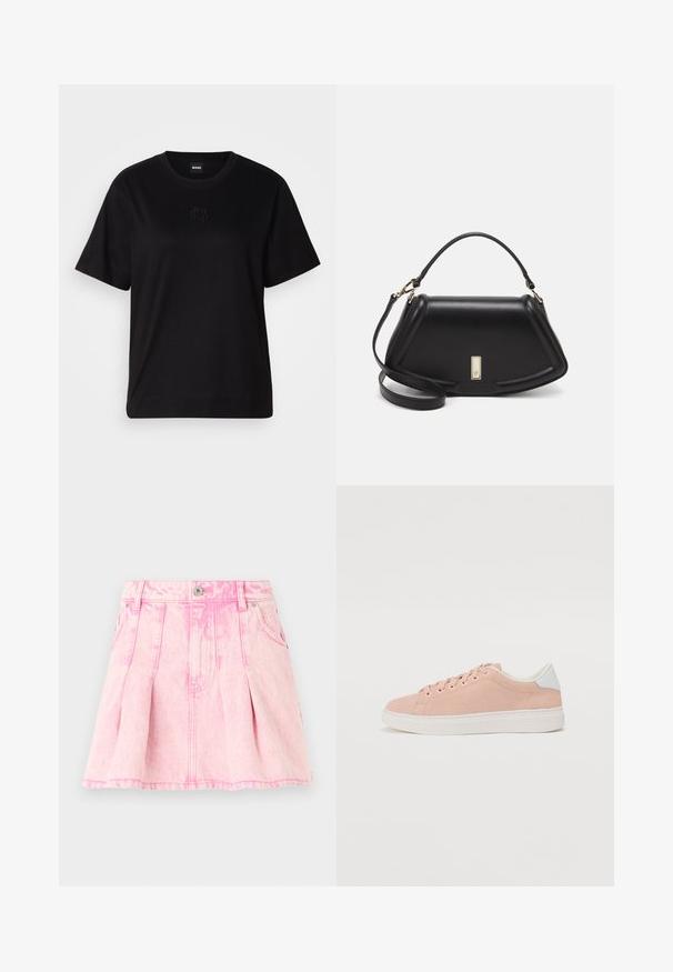 Black cotton t-shirt with a crew neckline, short sleeves, and an embroidered logo on the chest. Simple, relaxed fit with no patterns.; Pink denim skirt with pleats, a button and zipper closure, five pockets, and decorative stitching. Distressed texture in a light shade.; Light pink suede sneaker with white rubber sole, rounded toe, and white heel accent. Features flat laces and minimal branding on the side.; Black leather handbag with a structured design, featuring a cropped shape, top handle, and gold hardware accent. Adjustable shoulder strap included.