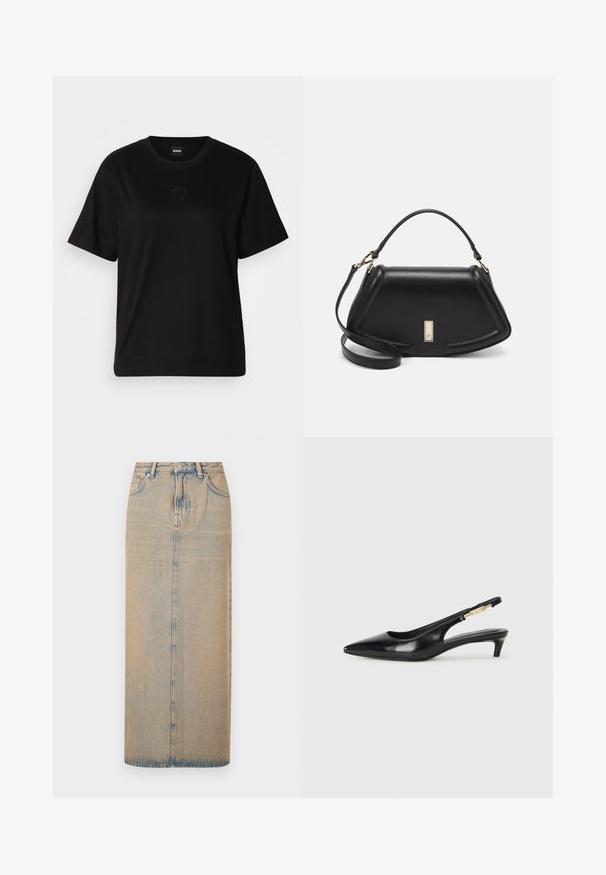 Black cotton t-shirt with a crew neckline, short sleeves, and an embroidered logo on the chest. Simple, relaxed fit with no patterns.; A long denim skirt in light blue with a straight cut. Features five pockets, belt loops, and front button closure. Faded texture throughout.; Black leather slingback heels with a pointed toe, featuring a slim heel and a gold-tone accent on the adjustable strap. Smooth texture.; Black leather handbag with a structured design, featuring a cropped shape, top handle, and gold hardware accent. Adjustable shoulder strap included.
