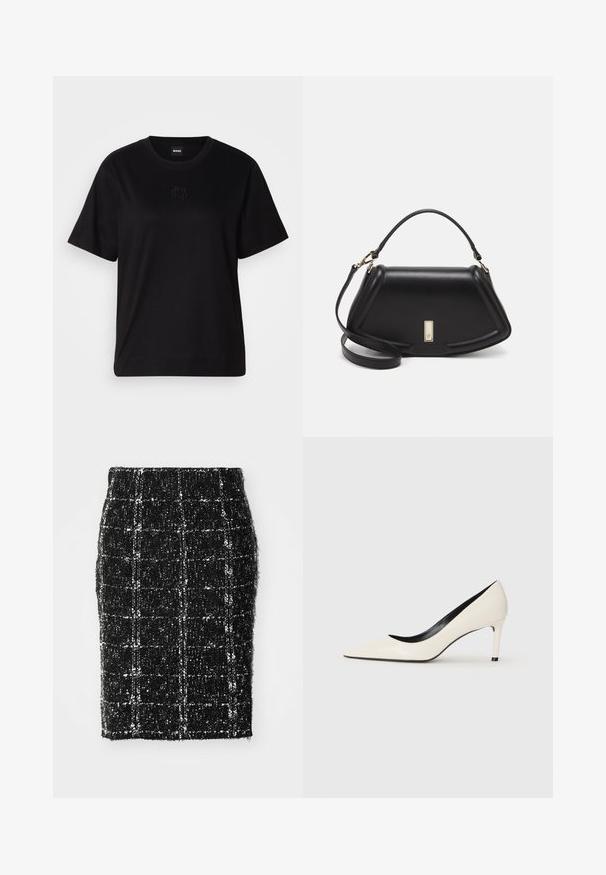 T-shirt en coton noir avec un col rond, des manches courtes et un logo brodé sur la poitrine. Coupe simple et décontractée sans motifs.; Jupe crayon en tweed noir et blanc avec une finition texturée, présentant un motif à carreaux et une coupe ajustée. Taille mi-haute, longueur genou.; Pompe à talon haut en cuir verni blanc avec un bout pointu, un talon fin et des détails intérieurs noirs. Texture lisse et design épuré.; Sac à main en cuir noir avec un design structuré, featuring une forme cropped, une poignée supérieure et des accents en matériel doré. Bandoulière réglable incluse.
