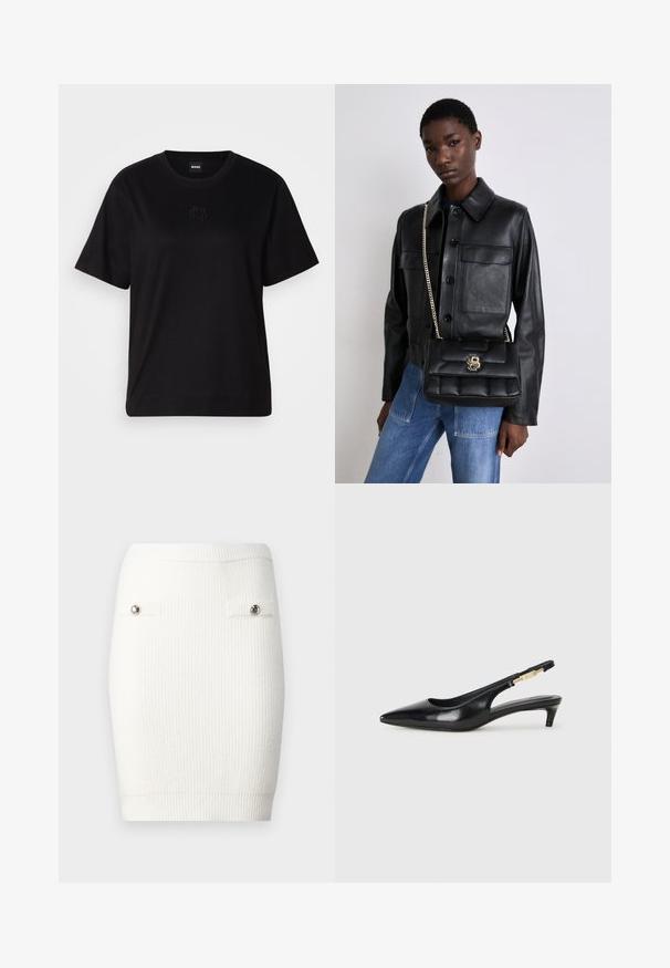 Schwarzes Baumwoll-T-Shirt mit Rundhalsausschnitt, kurzen Ärmeln und aufgesticktem Logo auf der Brust. Einfacher, lässiger Schnitt ohne Muster.; Weißes, geripptes Strick-Minirock mit silbernen Knopfakzenten an den vorderen Taschen und einer figurbetonten Silhouette, mit einer weichen Textur und elastischem Bund.; Schwarze Leder-Slingback-Pumps mit spitzem Schuhblatt, ausgestattet mit einem schlanken Absatz und einem goldfarbigen Akzent am verstellbaren Riemen. Glatte Textur.; Schwarze Lederjacke mit Knopfverschluss und zwei vorderen Taschen, kombiniert mit einer schwarzen gesteppte Handtasche mit goldener Schnalle und Kettenriemen.