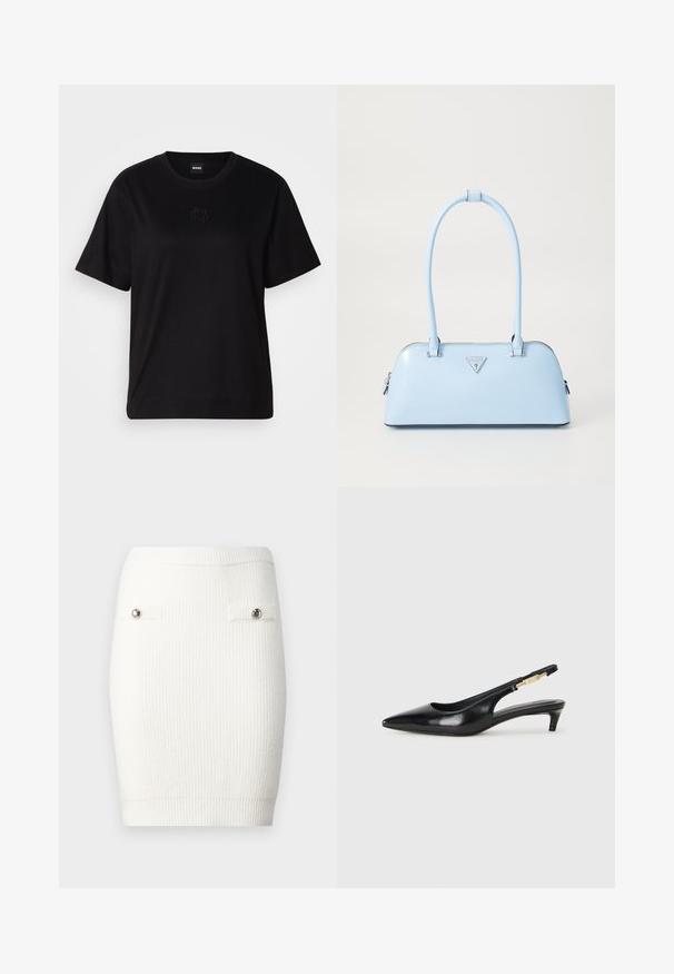 Czarny bawełniany t-shirt z okrągłym dekoltem, krótkimi rękawami i haftowanym logo na piersi. Prosty, luźny krój bez wzorów.; Biała mini spódnica z prążkowanej dzianiny, z srebrnymi guzikami na przednich kieszeniach i dopasowanym krojem, charakteryzująca się miękką fakturą i elastycznym pasem.; Czarne skórzane szpilki typu slingback z ostrym noskiem, posiadające smukły obcas i złoty akcent na regulowanym pasku. Gładka tekstura.; Jasnoniebieska torebka o sztywnym kształcie, wykonana z gładkiej skóry, z dwoma uchwytami i trójkątnym logo marki z przodu. Zamek błyskawiczny.