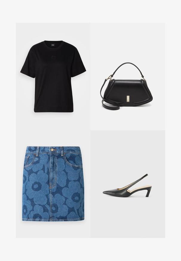 Svart bomullströja med rund halsringning, korta ärmar och en broderad logotyp på bröstet. Enkel, avslappnad passform utan mönster.; Jeanskort kjol med mörkblått blommönster, framfickor, bälteshällor och knappstängning i midjan.; Svart spetsig slingback-sko med låg klack, som har ett slätt lädermaterial och utskärningsdesign på sidan för andningsförmåga.; Svart läderhandväska med en strukturerad design, som har en avskuren form, ett handtag upptill och guldiga detaljer. Justerbar axelrem ingår.; Silver ringörhängen med en slät, rund design och en elegant, polerad yta. Har en minimalistisk form med en liten öppning.