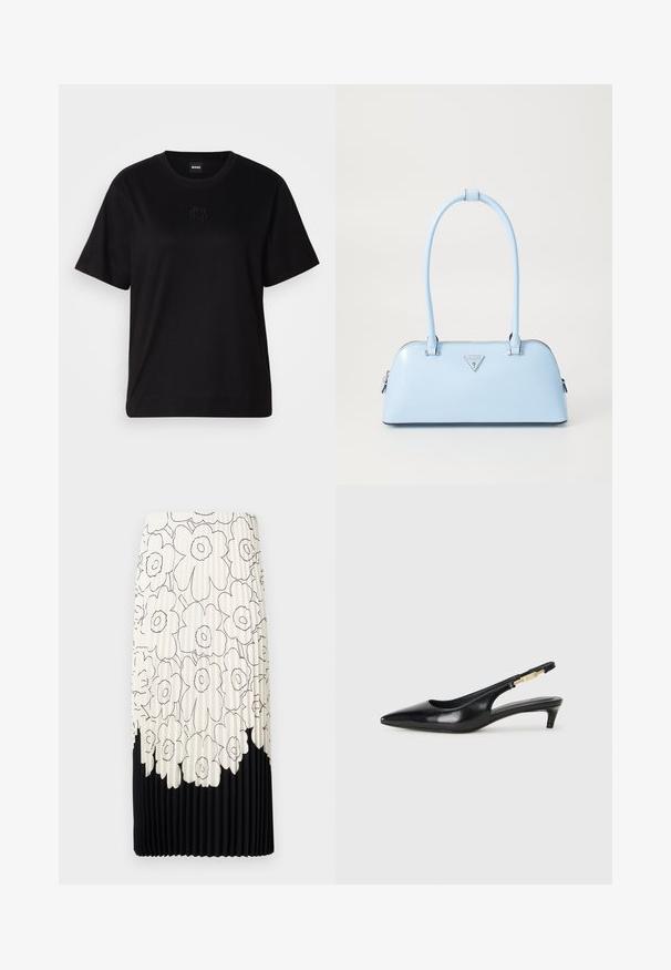 Mustmust särk, millel on ümar kaelus, lühikesed varrukad ja tindiga tikitud logo rinnal. Lihtne, mugav lõige ilma mustriteta.; Kortsärk, millel on lilleline must-valge muster, koosneb heledast ülemisest osast lilledega ja ühtlasest mustast alläärest.; Mustad nahast slingback kontsad terava ninaga, millel on õhuke konts ja kuldse tooni aktsent reguleeritaval rihmal. Sile tekstuur.; Hele helesinine käekott, millel on struktureeritud kuju, sile nahk, kaks käepidet ja kolmnurkne brändi logo esiküljel. Lukuga sulgemine.