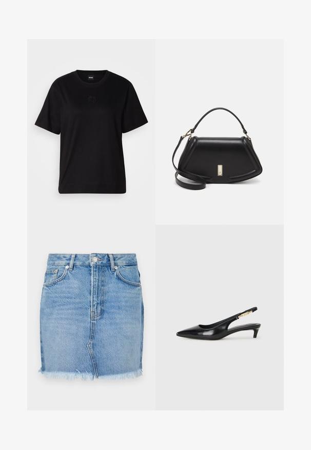 Melna kokvilnas T-krekls ar apaļu izgriezumu, īsām piedurknēm un izšūtu logotipu uz krūtīm. Vienkāršs, brīvs piegriezums bez rakstiem.; Zila džinsa svārki ar pieguļošu fasonu, neapstrādātu apakšmalu un klasiskām priekšējām kabatām. Gluda tekstūra ar nelielu izbalēšanu ikdienas izskatam.; Melnas ādas slingback zābaki ar smailu purngalu, ar šauru papēdi un zelta krāsas akcentu uz regulējama siksniņas. Gluda tekstūra.; Melnas ādas roku soma ar struktūru, ar īsu formu, augšējo rokturi un zelta aksesuāriem. Iekļauta regulējama plecu siksna.