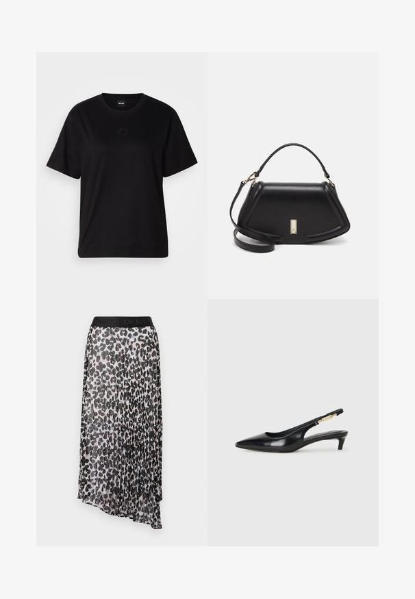 Zwarte katoenen t-shirt met een ronde hals, korte mouwen en een geborduurd logo op de borst. Eenvoudige, comfortabele pasvorm zonder patronen.; Plissé midi-rok met een zwart en beige luipaardprint, voorzien van een zwarte elastische tailleband met het DKNY-logo. Lichtgewicht, semi-doorzichtig materiaal.; Zwarte leren slingback hakken met een spitse neus, voorzien van een slanke hak en een goudkleurige accent op de verstelbare band. Gladde textuur.; Zwarte leren handtas met een gestructureerd ontwerp, featuring een verkorte vorm, bovenhandvat en gouden hardwareaccent. Inclusief verstelbare schouderband.