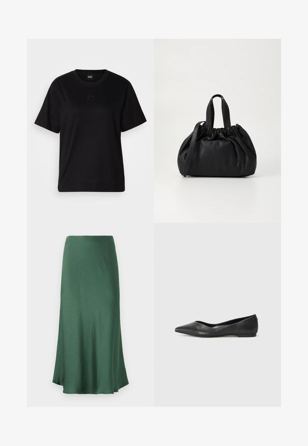 Camiseta de algodón negra con cuello redondo, mangas cortas y un logo bordado en el pecho. Ajuste simple y relajado sin patrones.; Falda de un verde oscuro, de media longitud, hecha de un tejido suave y ligero. Presenta un diseño sencillo en forma de A con un ligero vuelo en el dobladillo.; Bailarina de cuero negro con puntera afilada, tacón bajo y textura suave. Diseño minimalista con un sutil acento lateral.; Bolso de mano de cuero negro con un diseño de parte superior fruncida, que cuenta con dos asas cortas y una correa larga ajustable. Textura suave, forma redondeada.