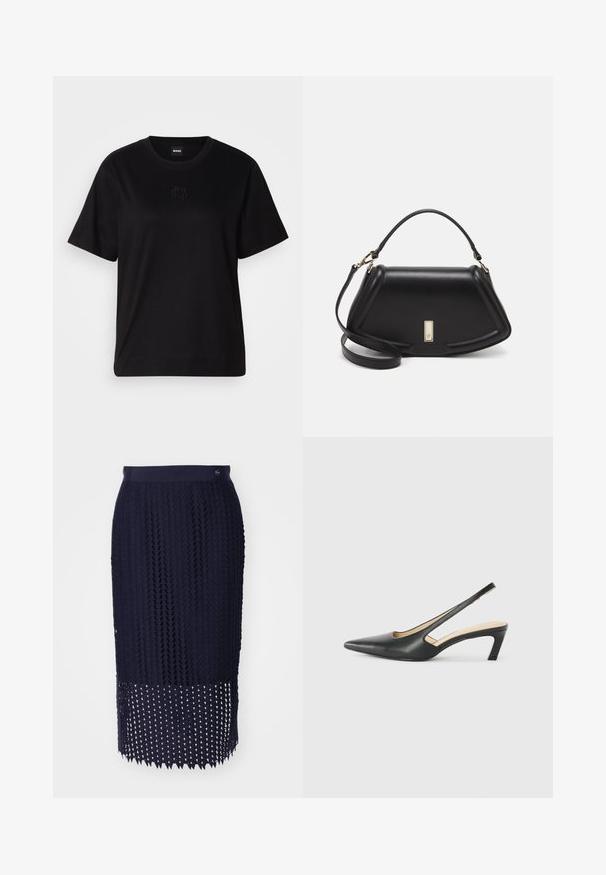 Svart bomull T-skjorte med rund hals, korte ermer og et brodert logo på brystet. Enkel, avslappet passform uten mønstre.; Mørkeblå strikket blyantskjørt med teksturert mønster, ribbestrikket midjebånd og en kant med trekantede utskjæringer.; Svart spiss tå slingback-sko med lav hæl, laget av jevnt skinnmateriale og med utskåret design på siden for pusteevne.; Sort lærveske med en strukturert design, som har en avkortet form, topphåndtak og detaljer i gull. Justerbar skulderstropp inkludert.