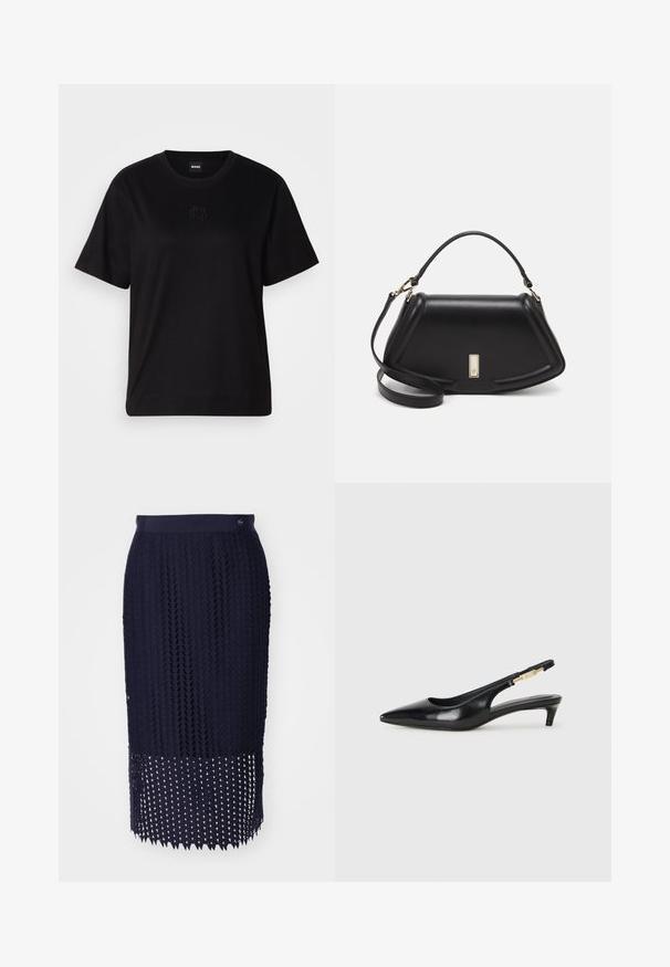 Schwarzes Baumwoll-T-Shirt mit Rundhalsausschnitt, kurzen Ärmeln und aufgesticktem Logo auf der Brust. Einfacher, lässiger Schnitt ohne Muster.; Marineblaues Strick-Bleistiftrock mit strukturiertem Muster, geripptem Bund und einem Saum mit dreieckigen Ausschnitten.; Schwarze Leder-Slingback-Pumps mit spitzem Schuhblatt, ausgestattet mit einem schlanken Absatz und einem goldfarbigen Akzent am verstellbaren Riemen. Glatte Textur.; Schwarze Lederhandtasche mit einem strukturierten Design, das eine verkürzte Form, einen oberen Griff und goldfarbene Hardware-Details aufweist. Verstellbarer Schulterriemen ist enthalten.