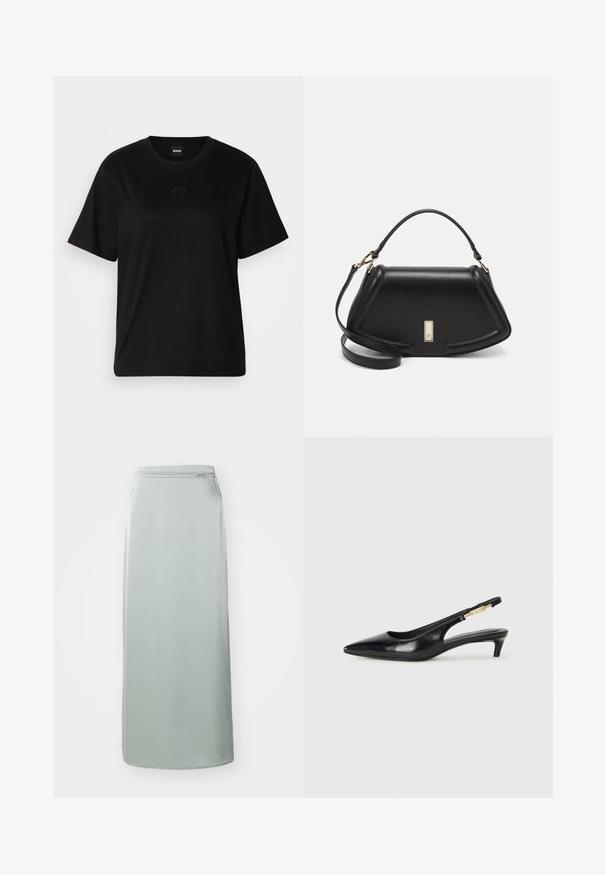 T-shirt en coton noir avec un col rond, des manches courtes et un logo brodé sur la poitrine. Coupe simple et décontractée sans motifs.; Jupe longue, vert clair, en tissu lisse. Présente une coupe droite avec une fermeture éclair dissimulée à la taille. Design minimaliste, sans motifs ni accents.; Talons hauts en cuir noir avec un bout pointu, dotés d'un talon fin et d'un accent en ton or sur la lanière réglable. Texture lisse.; Sac à main en cuir noir avec un design structuré, featuring une forme cropped, une poignée supérieure et des accents en matériel doré. Bandoulière réglable incluse.