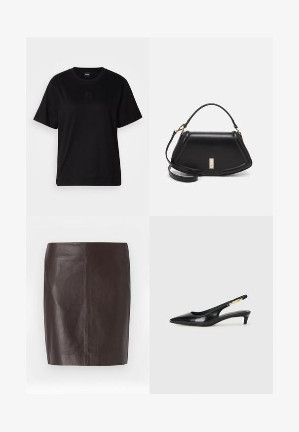 Camiseta de algodón negra con cuello redondo, mangas cortas y un logo bordado en el pecho. Ajuste simple y relajado sin patrones.; Falda de cuero marrón con corte recto, textura suave y costuras mínimas. Presenta un diseño de longitud media sin adornos.; Tacones negros de piel sintética tipo slingback con punta afilada, que cuentan con un tacón delgado y un detalle en tono dorado en la correa ajustable. Textura suave.; Bolso de mano de cuero negro con un diseño estructurado, que presenta una forma recortada, asa superior y acentos en dorado. Correa de hombro ajustable incluida.