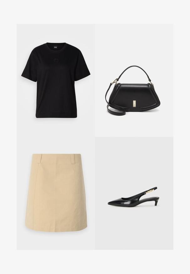 Svart bomull T-skjorte med rund hals, korte ermer og et brodert logo på brystet. Enkel, avslappet passform uten mønstre.; Beige bomullsskjørt med rett fasong, med frontfolder, sidelommer og sydd detaljer langs sømmene.; Sorte lærreim hæler med spiss tå, som har en slank hæl og en gullfarget detalj på den justerbare stroppen. Glatt tekstur.; Sort lærveske med en strukturert design, som har en avkortet form, topphåndtak og detaljer i gull. Justerbar skulderstropp inkludert.