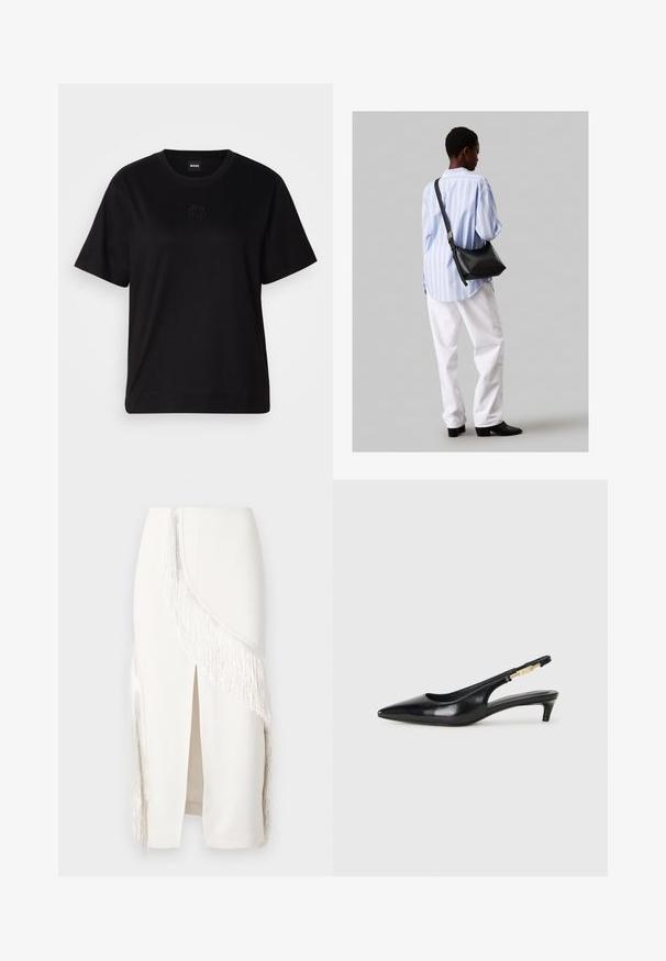 T-shirt negru din bumbac, cu guler rotund, mâneci scurte și un logo brodat pe piept. Design simplu, cu o croială relaxată și fără modele.; Fustă albă din creion cu detalii din franjuri pe o parte, având o tăietură frontală, realizată dintr-un material neted cu o formă structurată.; Sandale slingback din piele neagră cu vârf ascuțit, având un toc subțire și un accent de culoare aurie pe curea ajustabilă. Textură netedă.; Geantă de umăr din piele neagră cu o textură moale, formă triunghiulară și curea ajustabilă, asortată cu o bluză cu dungi albastre deschise și pantaloni albi.