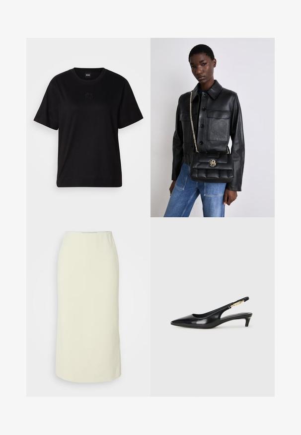 T-shirt en coton noir avec un col rond, des manches courtes et un logo brodé sur la poitrine. Coupe simple et décontractée sans motifs.; Jupe crayon beige clair avec une texture lisse, taille haute et de longueur genou. Simple, sans motifs supplémentaires ni matériel visible.; Talons hauts en cuir noir avec un bout pointu, dotés d'un talon fin et d'un accent en ton or sur la lanière réglable. Texture lisse.; Veste en cuir noir avec fermeture à bouton et deux poches avant, assortie d'un sac à main matelassé noir avec un fermoir en or et une bandoulière chaîne.