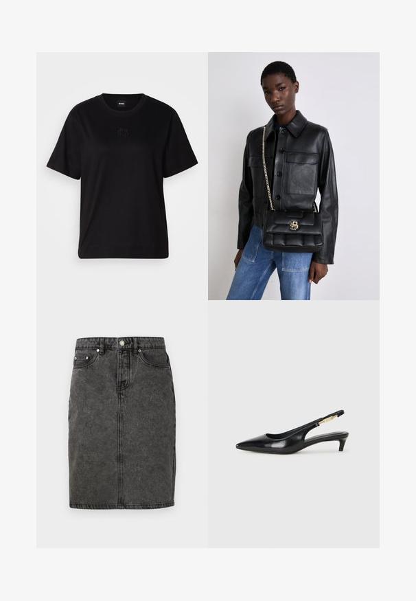 Černé bavlněné tričko s kulatým výstřihem, krátkými rukávy a vyšitým logem na hrudi. Jednoduchý, volný střih bez vzorů.; Černá džínová sukně s rovním střihem, předním zapínáním na knoflíky, poutky na opasek a jemně odstupňovanou texturou, se dvěma bočními kapsami.; Černé kožené boty na podpatku s otevřenou patou a špičatou špičkou, s tenkým podpatkem a zlatým akcentem na nastavitelném pásku. Hladký povrch.; Černá kožená bunda s knoflíkovým zapínáním a dvěma předními kapsami, spárovaná s černou prošívanou kabelkou s zlatým uzávěrem a řetízkovým popruhem.