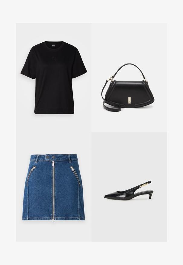 Camiseta de algodón negra con cuello redondo, mangas cortas y un logo bordado en el pecho. Ajuste simple y relajado sin patrones.; Falda de mezclilla en azul oscuro con dos bolsillos frontales con cremallera y un cierre central de cremallera. Tiene un corte recto y un detalle de costura mínima.; Tacones negros de piel sintética tipo slingback con punta afilada, que cuentan con un tacón delgado y un detalle en tono dorado en la correa ajustable. Textura suave.; Bolso de mano de cuero negro con un diseño estructurado, que presenta una forma recortada, asa superior y acentos en dorado. Correa de hombro ajustable incluida.