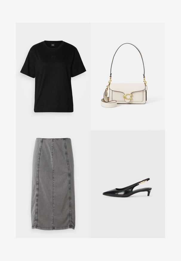 Černé bavlněné tričko s kulatým výstřihem, krátkými rukávy a vyšitým logem na hrudi. Jednoduchý, volný střih bez vzorů.; Šedá džínsová tužková sukně s rovnýcm střihem, viditelným švem podél švů a hladkou texturou s mírně zúženým lemem.; Černé kožené boty na podpatku s otevřenou patou a špičatou špičkou, s tenkým podpatkem a zlatým akcentem na nastavitelném pásku. Hladký povrch.; Krémová kožená kabelka se strukturovaným designem, kontrastními černými okraji, zlatými kovovými prvky a odnímatelným popruhem s podpisovým logem.