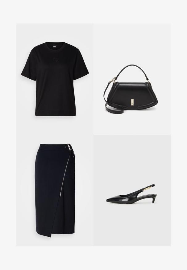 Černé bavlněné tričko s kulatým výstřihem, krátkými rukávy a vyšitým logem na hrudi. Jednoduchý, volný střih bez vzorů.; Námořnická tužková sukně vyrobená z elastického materiálu, s bočním zipovým uzávěrem, asymetrickým lemem a elegantním siluetou.; Černé kožené boty na podpatku s otevřenou patou a špičatou špičkou, s tenkým podpatkem a zlatým akcentem na nastavitelném pásku. Hladký povrch.; Černá kožená kabelka se strukturovaným designem, jejíž tvar je zkrácený, má horní rukojeť a zlaté kovové detaily. Součástí je i nastavitelný ramenní popruh.