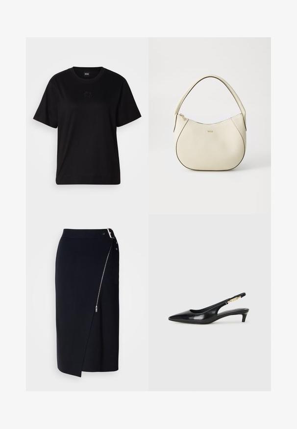 T-shirt negru din bumbac, cu guler rotund, mâneci scurte și un logo brodat pe piept. Design simplu, cu o croială relaxată și fără modele.; Fustă midi bleumarin, confecționată dintr-un material elastic, având o închidere cu fermoar pe o parte, un tiv asimetric și o siluetă elegantă.; Sandale slingback din piele neagră cu vârf ascuțit, având un toc subțire și un accent de culoare aurie pe curea ajustabilă. Textură netedă.; Geantă de mână de culoare crem, cu un finisaj texturat, formă curbată, mânere scurte și detalii cu logo auriu. Închidere cu fermoar în partea de sus.