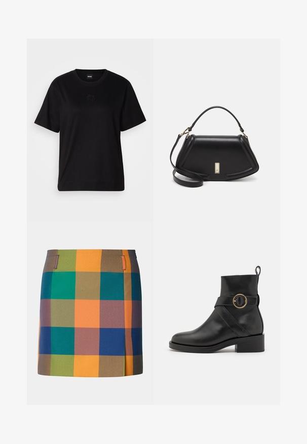 Schwarzes Baumwoll-T-Shirt mit Rundhalsausschnitt, kurzen Ärmeln und aufgesticktem Logo auf der Brust. Einfacher, lässiger Schnitt ohne Muster.; Bunt gemusterter Rock mit einem kräftigen Karomuster aus orangefarbenen, grünen, blauen und braunen Quadraten. Entworfen mit einem geraden Schnitt und seitlichen Akzenten.; BOSS IRYNA BOOTIE - Plateaustiefelette - black; Schwarze Lederhandtasche mit einem strukturierten Design, das eine verkürzte Form, einen oberen Griff und goldfarbene Hardware-Details aufweist. Verstellbarer Schulterriemen ist enthalten.