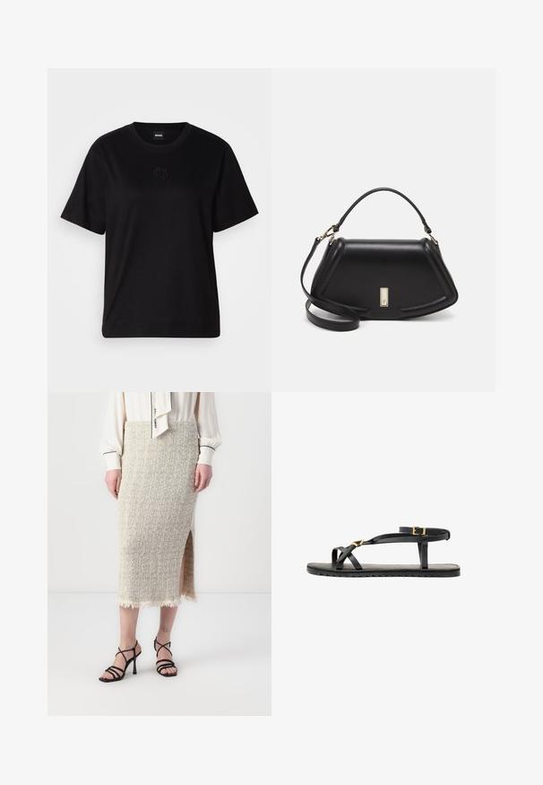 Fekete pamut póló kerek nyakkivágással, rövid ujjakkal és hímzett logóval a mellkasán. Egyszerű, laza szabás, minta nélkül.; Beige textúrájú kötött szoknya oldalsó hasítékkal és rojtos szegéllyel. Fekete pántos, magassarkú szandálokkal párosítva. Egy fehér blúz alatt szerepel.; Fekete bőrszandál vékony pántokkal és csattal ellátott bokapánttal. Lapos talp texturált felülettel és hullámos széllel. Minimalista dizájn.; Fekete bőr kézitáska, strukturált dizájnnal, rövidített formával, felső fogantyúval és arany színű kiegészítőkkel. Állítható vállpánt is tartozik hozzá.