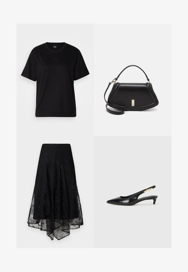Musta puuvillapaita, jossa on pyöreä kaula-aukko, lyhyet hihat ja brodeerattu logo rinnassa. Yksinkertainen, rento istuvuus ilman kuvioita.; Mustat pitsihame, jossa on virtaava, epäsymmetrinen helma. Hameessa on monimutkaisia kukkakuoseja ja tiukka vyötärö. Kevyt ja läpikuultava materiaali.; Mustat nahkaiset slingback-korkokengät, joissa on terävä kärki, ohuet korot ja kultasävytteinen yksityiskohta säädettävässä hihnassa. Silkkinen pinta.; Mustalla nahkalaukulla, jossa on jämäkkä muotoilu, lyhyt malli, yläkahva ja kultaiset yksityiskohdat. Säädettävä olkahihna sisältyy.
