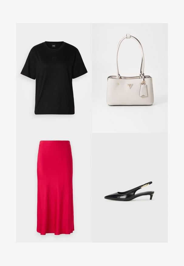 Zwarte katoenen t-shirt met een ronde hals, korte mouwen en een geborduurd logo op de borst. Eenvoudige, comfortabele pasvorm zonder patronen.; Rode, midi-lange rok gemaakt van een gladde, rekbare stof. Strak aan de bovenkant met een uitlopende onderkant en zonder zichtbare sluitingen of patronen.; Zwarte leren slingback hakken met een spitse neus, voorzien van een slanke hak en een goudkleurige accent op de verstelbare band. Gladde textuur.; Beige neplederen handtas met een gladde textuur, dubbele schouderbanden, gouden hardware, een logoplaatje en een aangehechte label.
