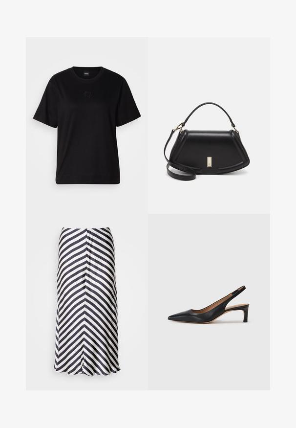 Black cotton t-shirt with a crew neckline, short sleeves, and an embroidered logo on the chest. Simple, relaxed fit with no patterns.; Knee-length skirt featuring a diagonal black and white striped pattern, made of lightweight fabric with a soft texture and flared hemline.; Black leather slingback pump with a pointed toe, low heel, and a smooth texture. Features a thin adjustable strap for a secure fit.; Black leather handbag with a structured design, featuring a cropped shape, top handle, and gold hardware accent. Adjustable shoulder strap included.
