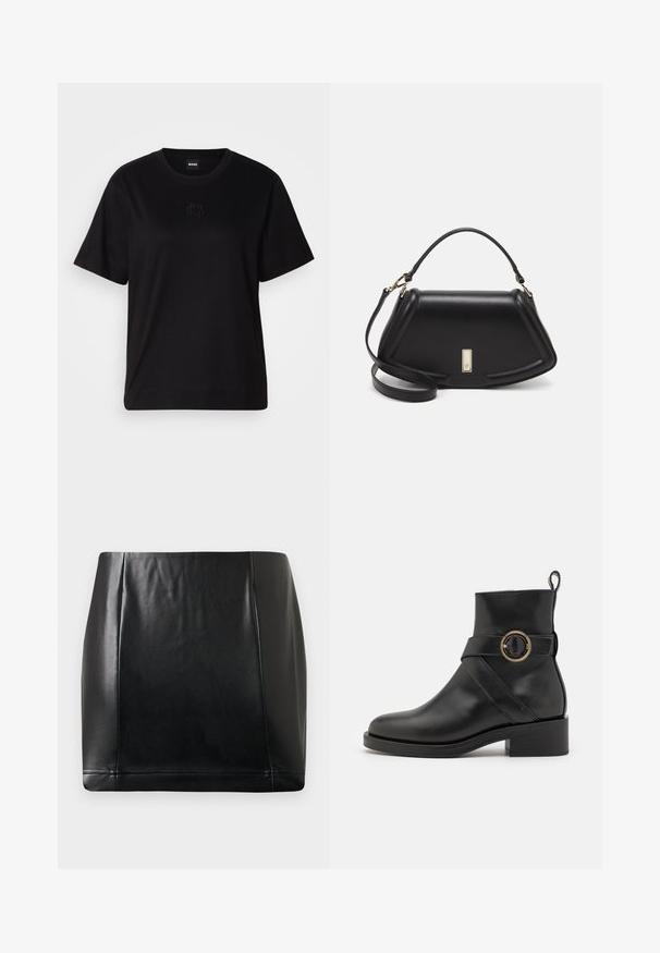 Schwarzes Baumwoll-T-Shirt mit Rundhalsausschnitt, kurzen Ärmeln und aufgesticktem Logo auf der Brust. Einfacher, lässiger Schnitt ohne Muster.; Schwarzer Kunstleder-Minirock mit Frontpaneel-Nähten und leichtem Glanz, flach auf einem neutralen Hintergrund ausgelegt.; BOSS IRYNA BOOTIE - Plateaustiefelette - black; Schwarze Lederhandtasche mit einem strukturierten Design, das eine verkürzte Form, einen oberen Griff und goldfarbene Hardware-Details aufweist. Verstellbarer Schulterriemen ist enthalten.