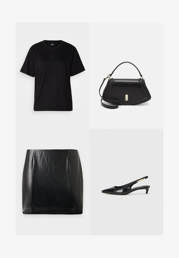 Mustmust särk, millel on ümar kaelus, lühikesed varrukad ja tindiga tikitud logo rinnal. Lihtne, mugav lõige ilma mustriteta.; Mustast kunstnahast mini seelikust, millel on esi-paneeli õmblus ja kerge läige, laotatuna neutraalsel taustal.; Mustad nahast slingback kontsad terava ninaga, millel on õhuke konts ja kuldse tooni aktsent reguleeritaval rihmal. Sile tekstuur.; Must mustrist käekott, millel on struktureeritud disain, lühendatud kuju, ülemine käepide ja kuldne metallist detail. Reguleeritav õlalihm on kaasas.